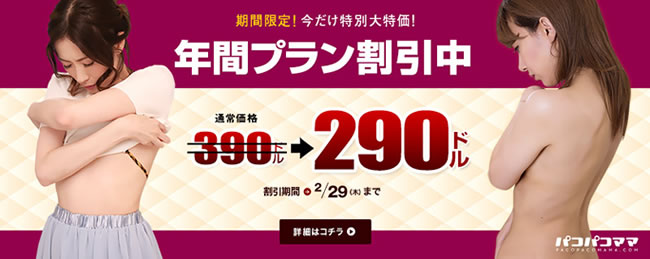 【パコパコママ】年間プラン100ドル割引（2/29まで）